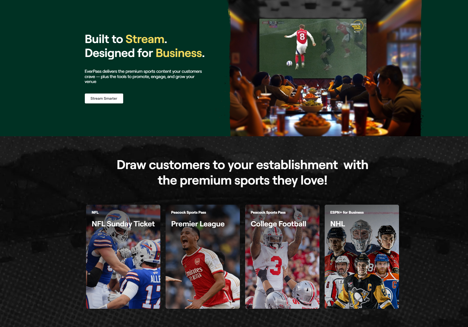 EverPass streaming sports content for commercial venues, including NFL Sunday Ticket, Premier League, college football, and NHL